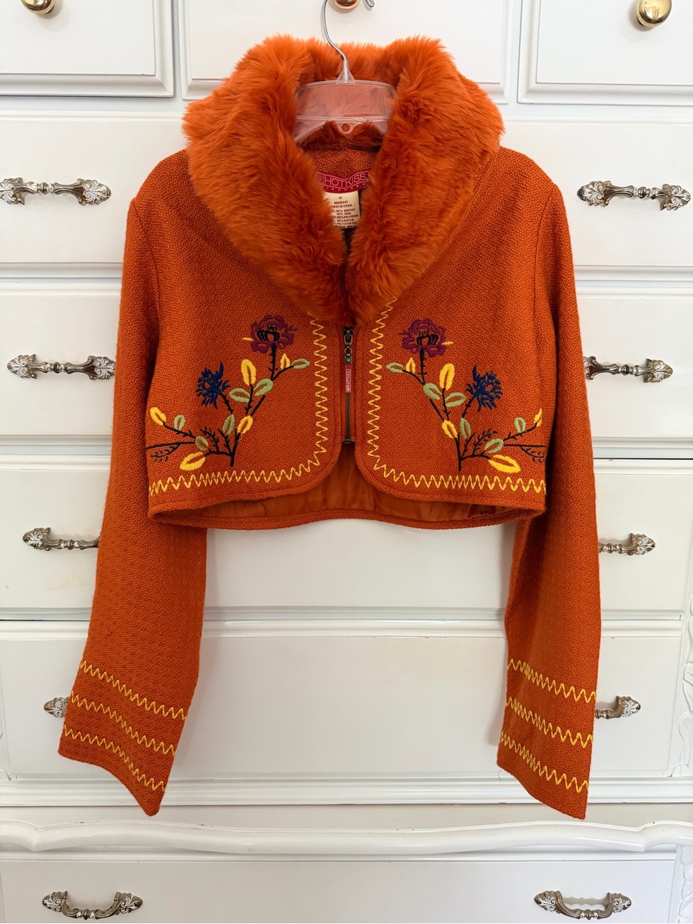 Hot Kiss Vintage-Inspired Orange Cropped Faux-Fur Collar Jacket